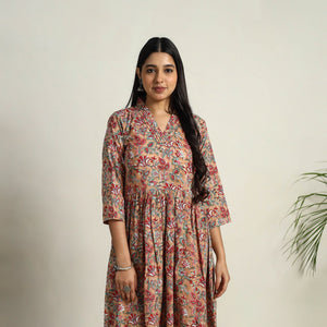 Brown - Block Print Cotton Flared Sanganeri Kurta Set 04