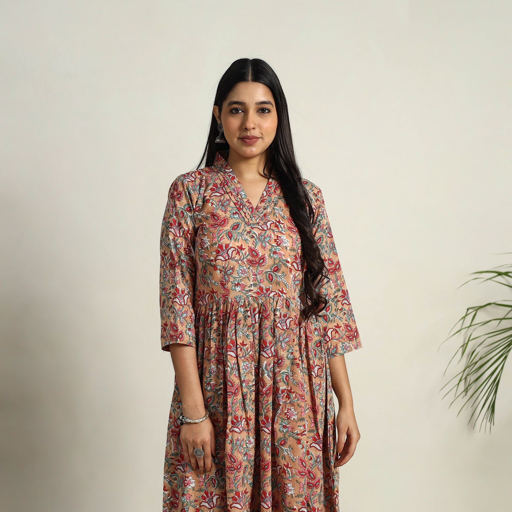 Brown - Block Print Cotton Flared Sanganeri Kurta Set 04