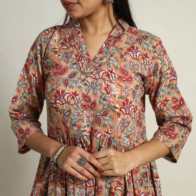 Brown - Block Print Cotton Flared Sanganeri Kurta Set 04