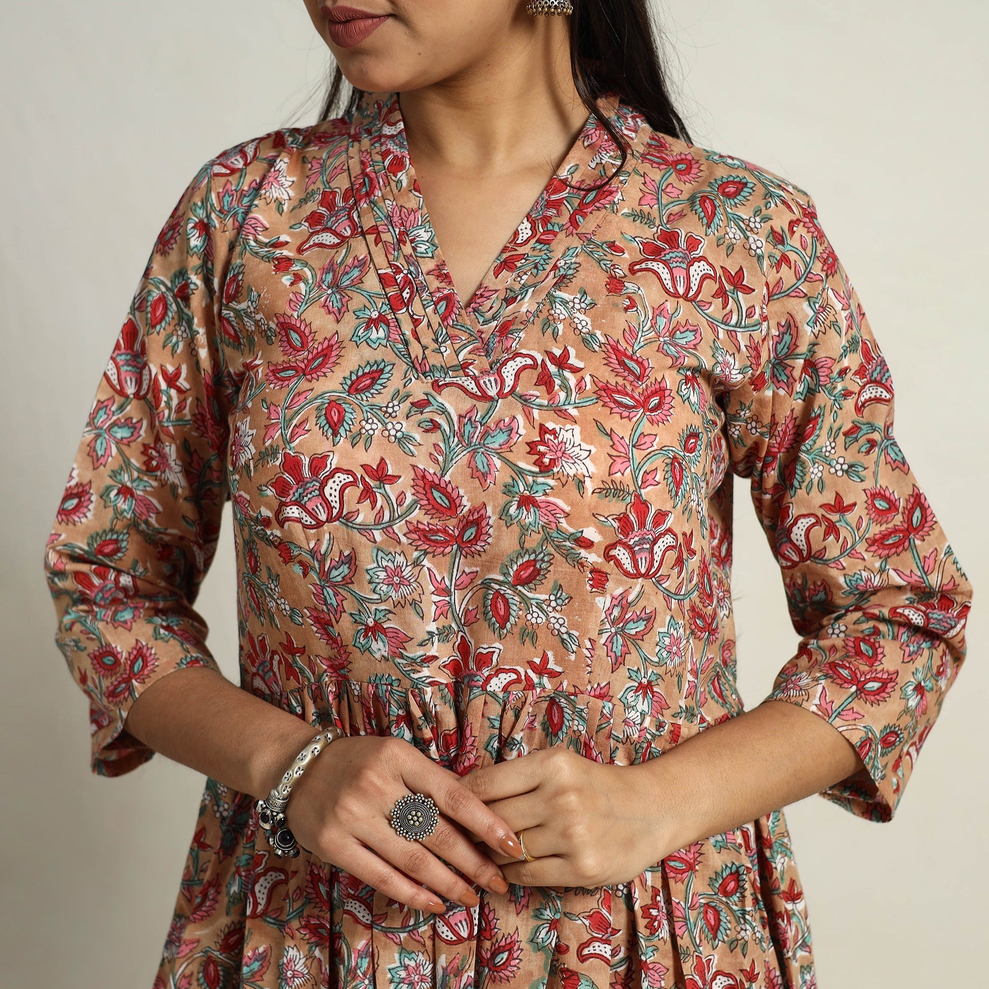 Brown - Block Print Cotton Flared Sanganeri Kurta Set 04