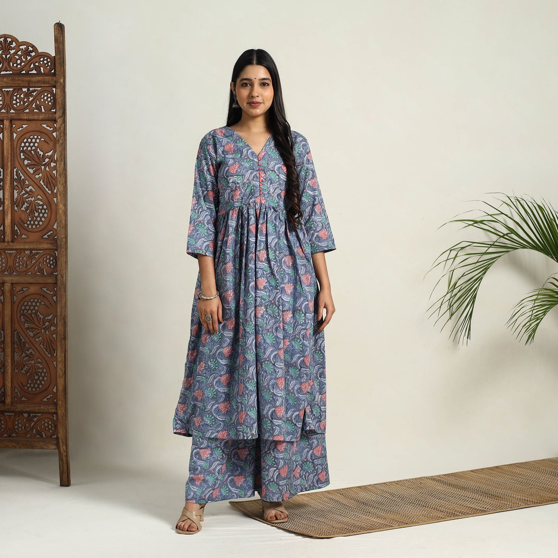 Blue - Block Print Cotton Flared Sanganeri Kurta Set 08