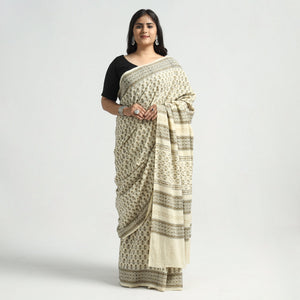Beige - Akola Hand Block Printed Cotton Saree