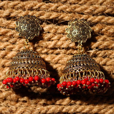 Aditi Handcrafted Golden GS Beaded Jhumki Earrings