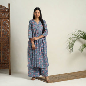 Blue - Block Print Cotton Flared Sanganeri Kurta Set 08