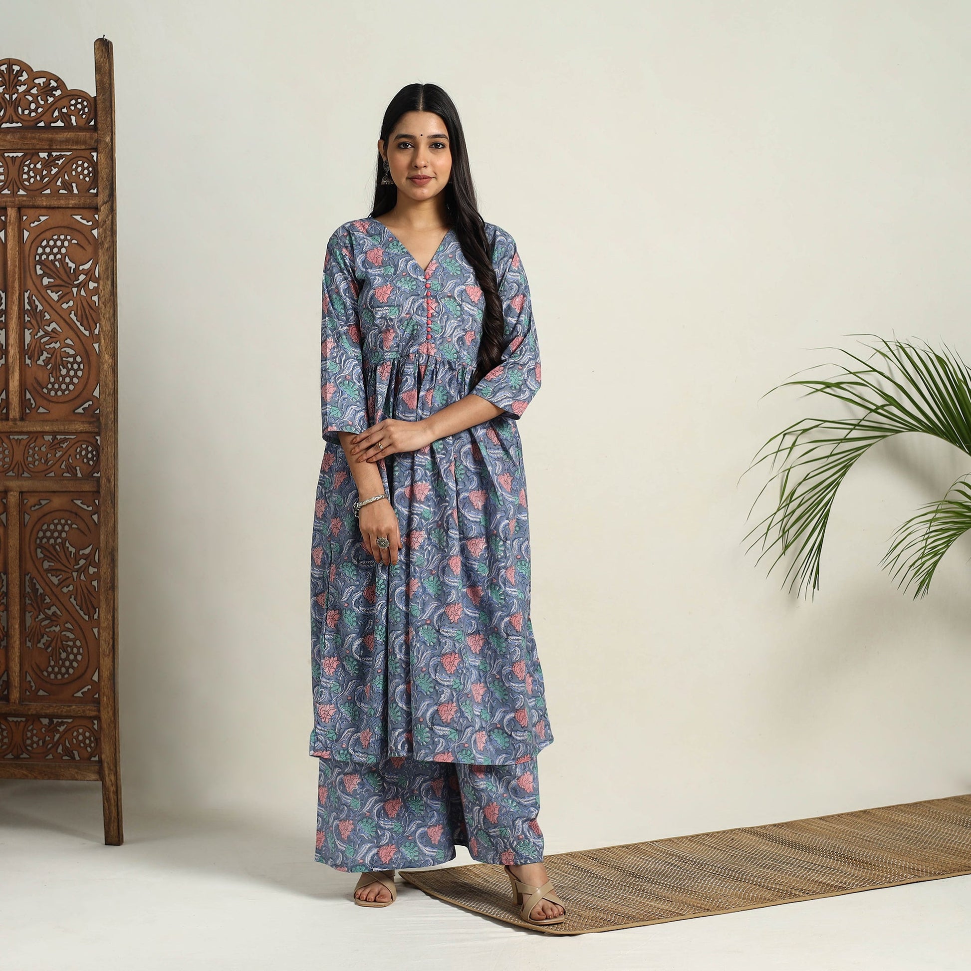 Blue - Block Print Cotton Flared Sanganeri Kurta Set 08