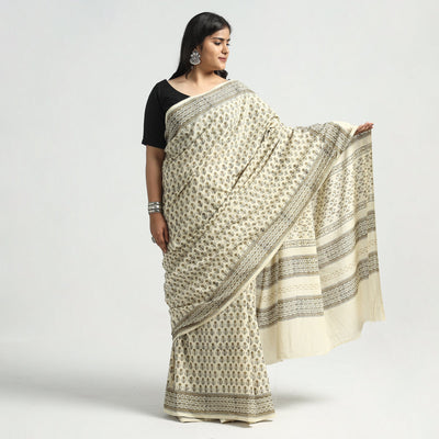 Beige - Akola Hand Block Printed Cotton Saree