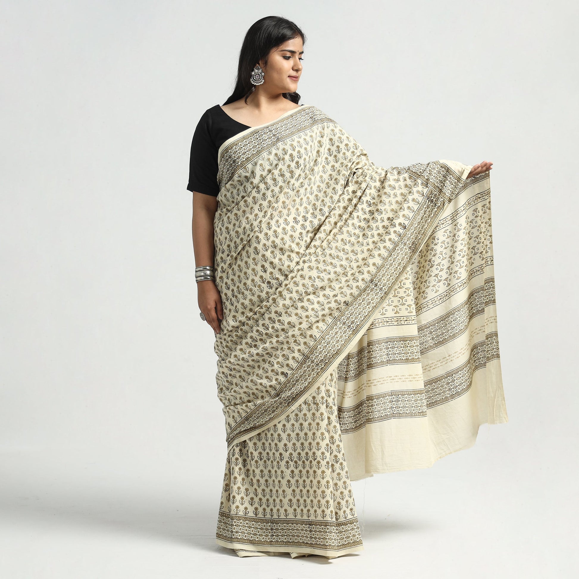 Beige - Akola Hand Block Printed Cotton Saree