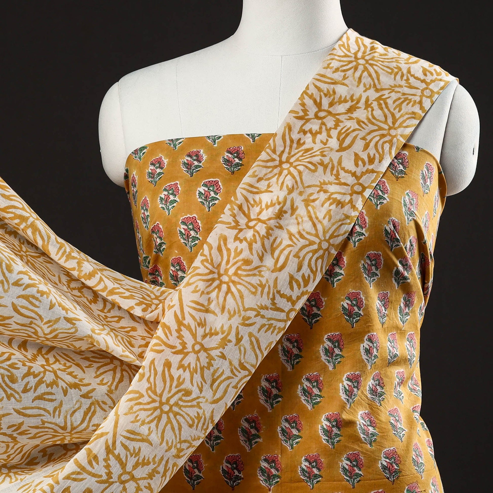 Brown - 3pc Sanganeri Block Printed Cotton Suit Material Set