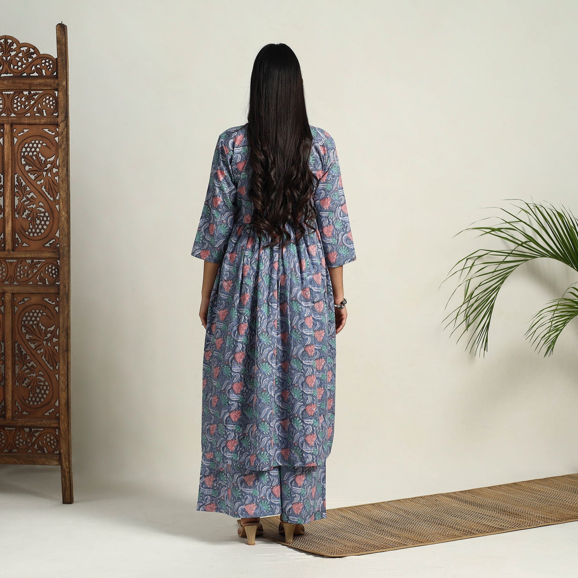 Blue - Block Print Cotton Flared Sanganeri Kurta Set 08