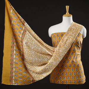 Brown - 3pc Sanganeri Block Printed Cotton Suit Material Set