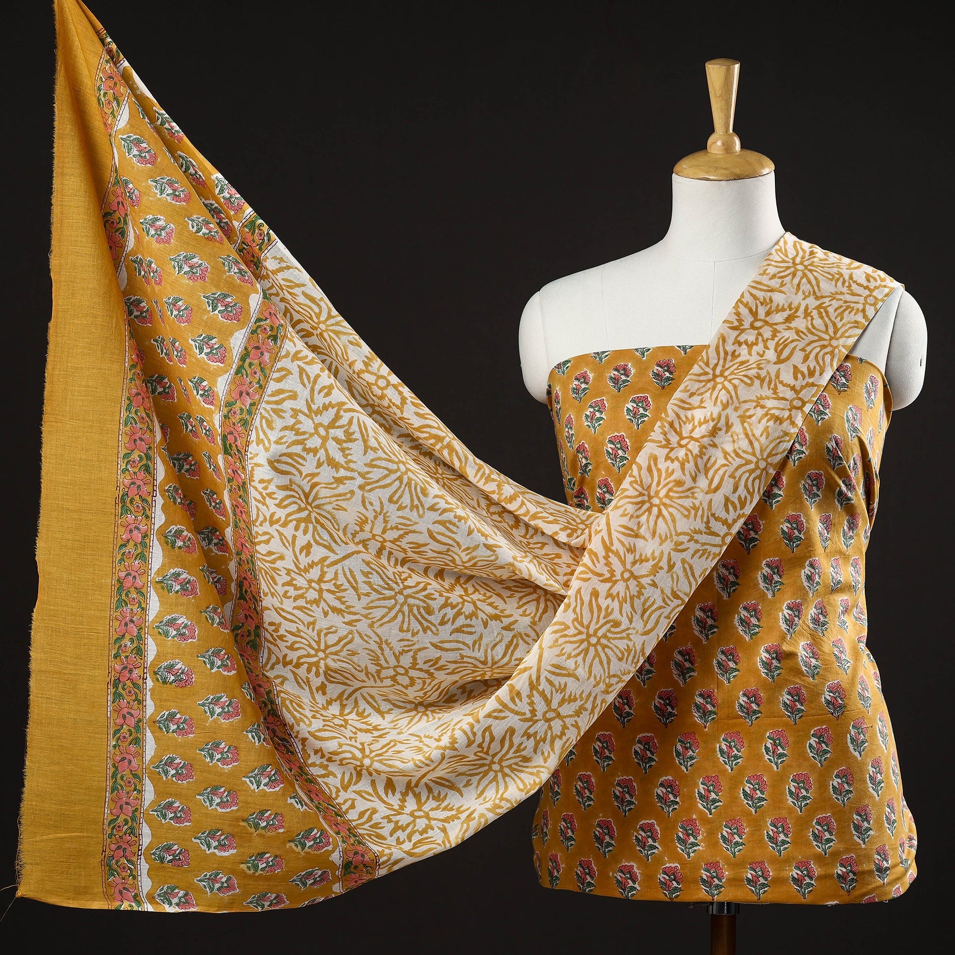 Brown - 3pc Sanganeri Block Printed Cotton Suit Material Set