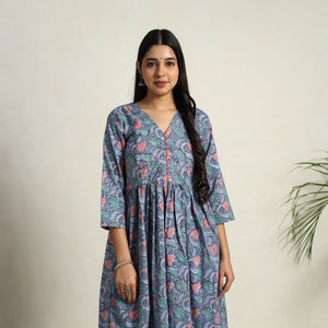 Blue - Block Print Cotton Flared Sanganeri Kurta Set 08