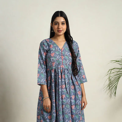 Blue - Block Print Cotton Flared Sanganeri Kurta Set 08