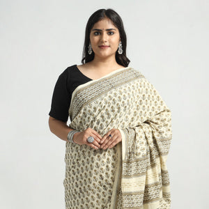 Beige - Akola Hand Block Printed Cotton Saree