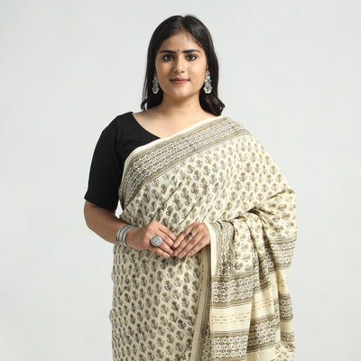 Beige - Akola Hand Block Printed Cotton Saree