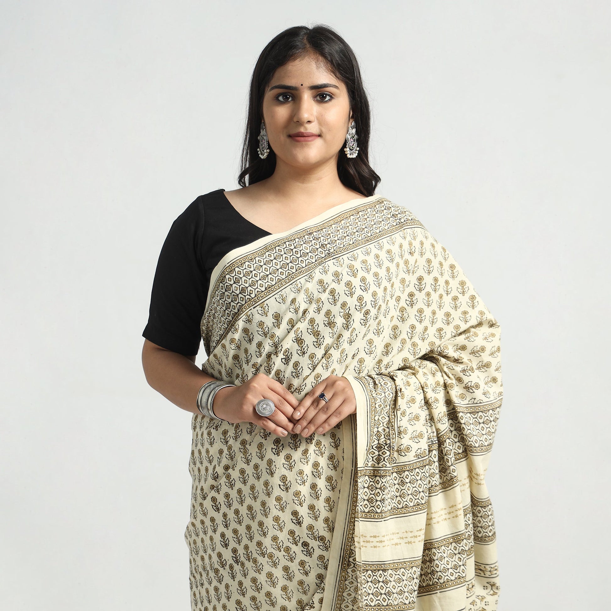 Beige - Akola Hand Block Printed Cotton Saree