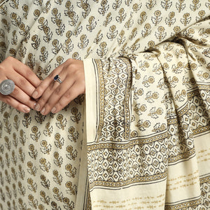 Beige - Akola Hand Block Printed Cotton Saree