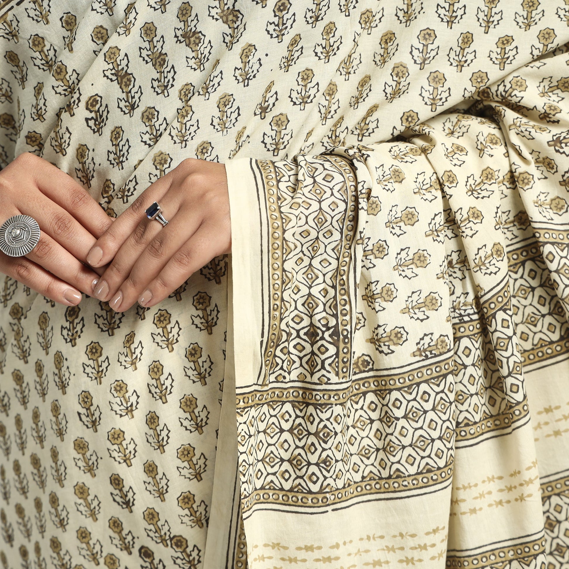 Beige - Akola Hand Block Printed Cotton Saree
