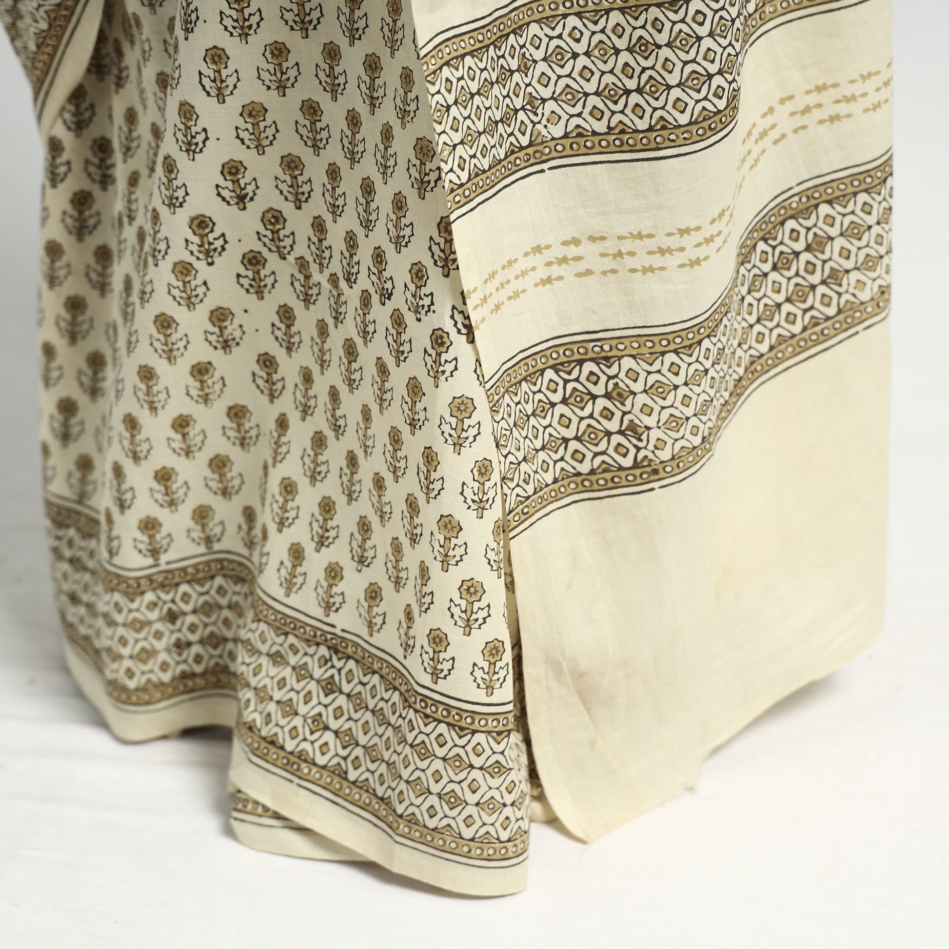 Beige - Akola Hand Block Printed Cotton Saree