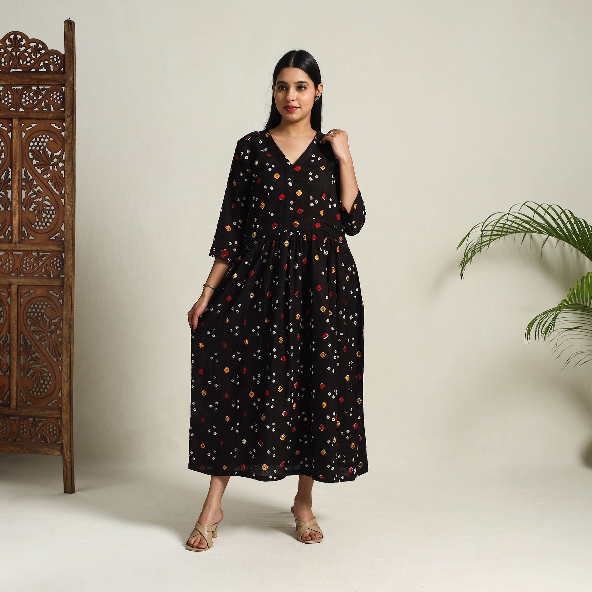 Black - Tie & Dye Cotton Flared Bandhani Dress 11
