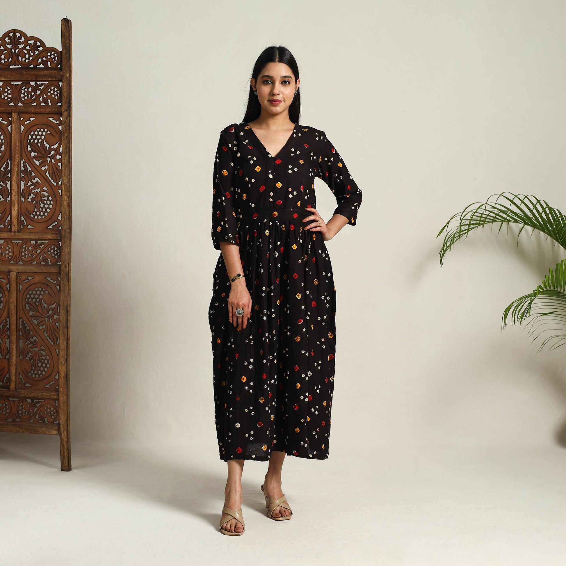 Black - Tie & Dye Cotton Flared Bandhani Dress 11