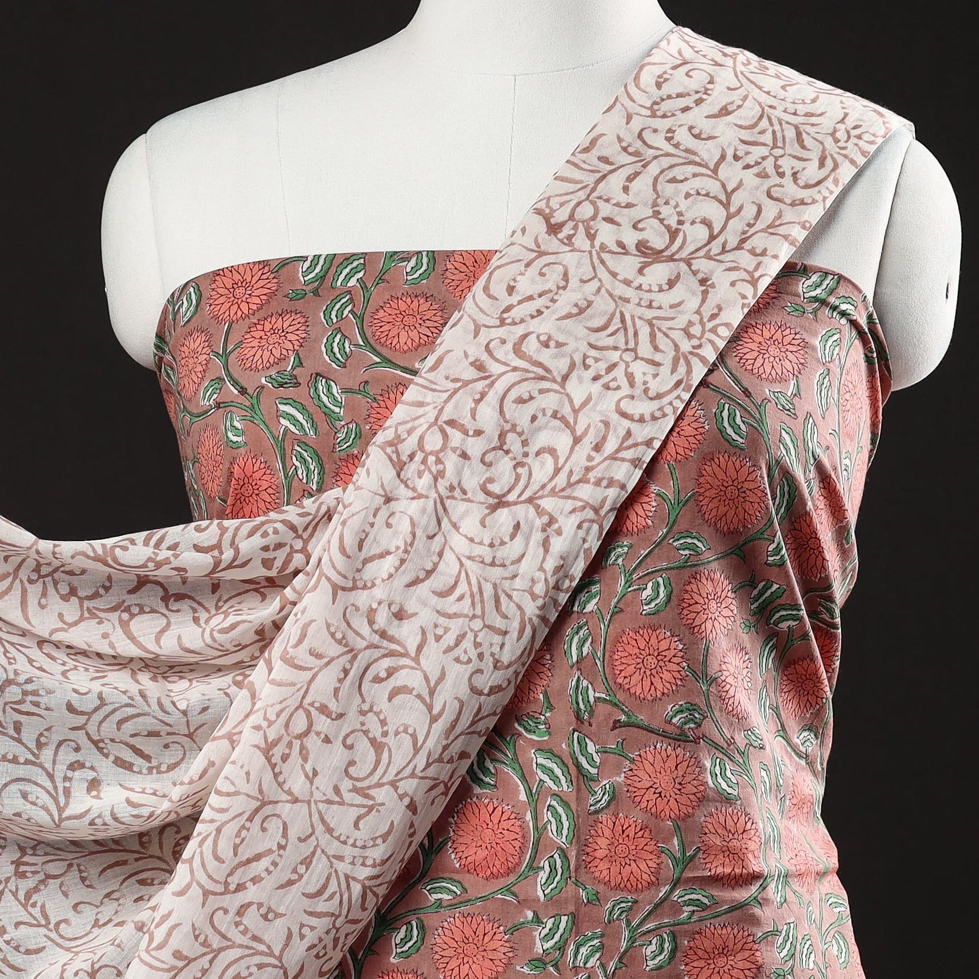 Brown - 3pc Cotton Sanganeri Block Print Dress Material