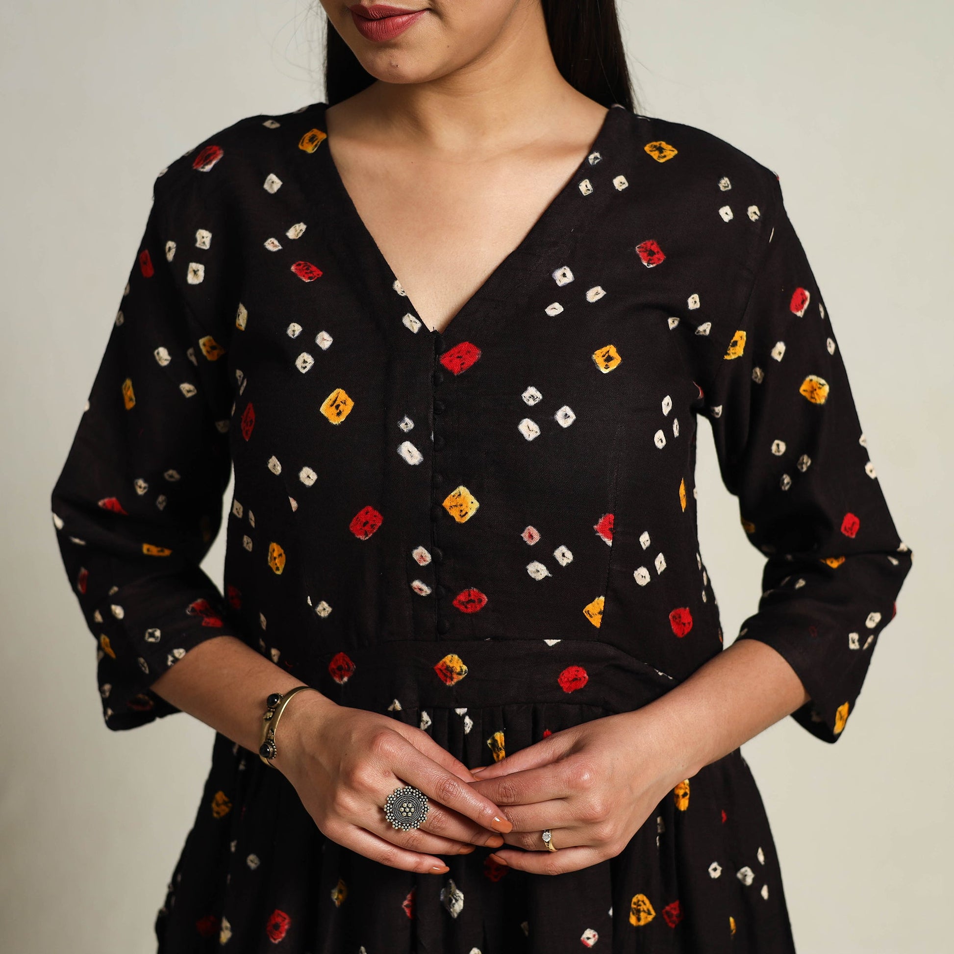 Black - Tie & Dye Cotton Flared Bandhani Dress 11