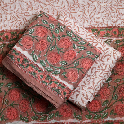 Brown - 3pc Cotton Sanganeri Block Print Dress Material