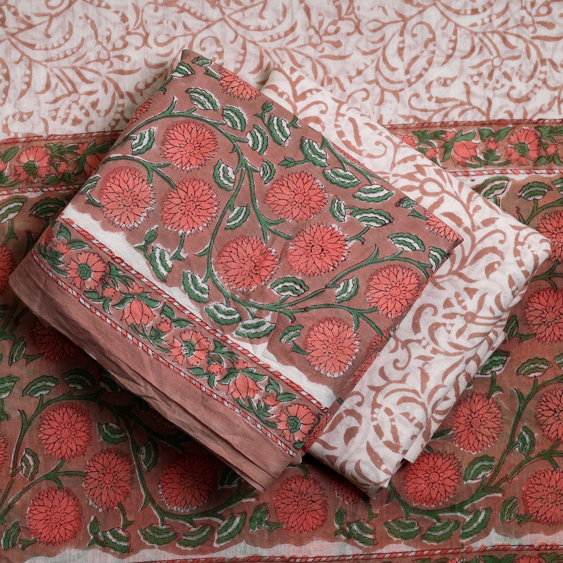 Brown - 3pc Cotton Sanganeri Block Print Dress Material
