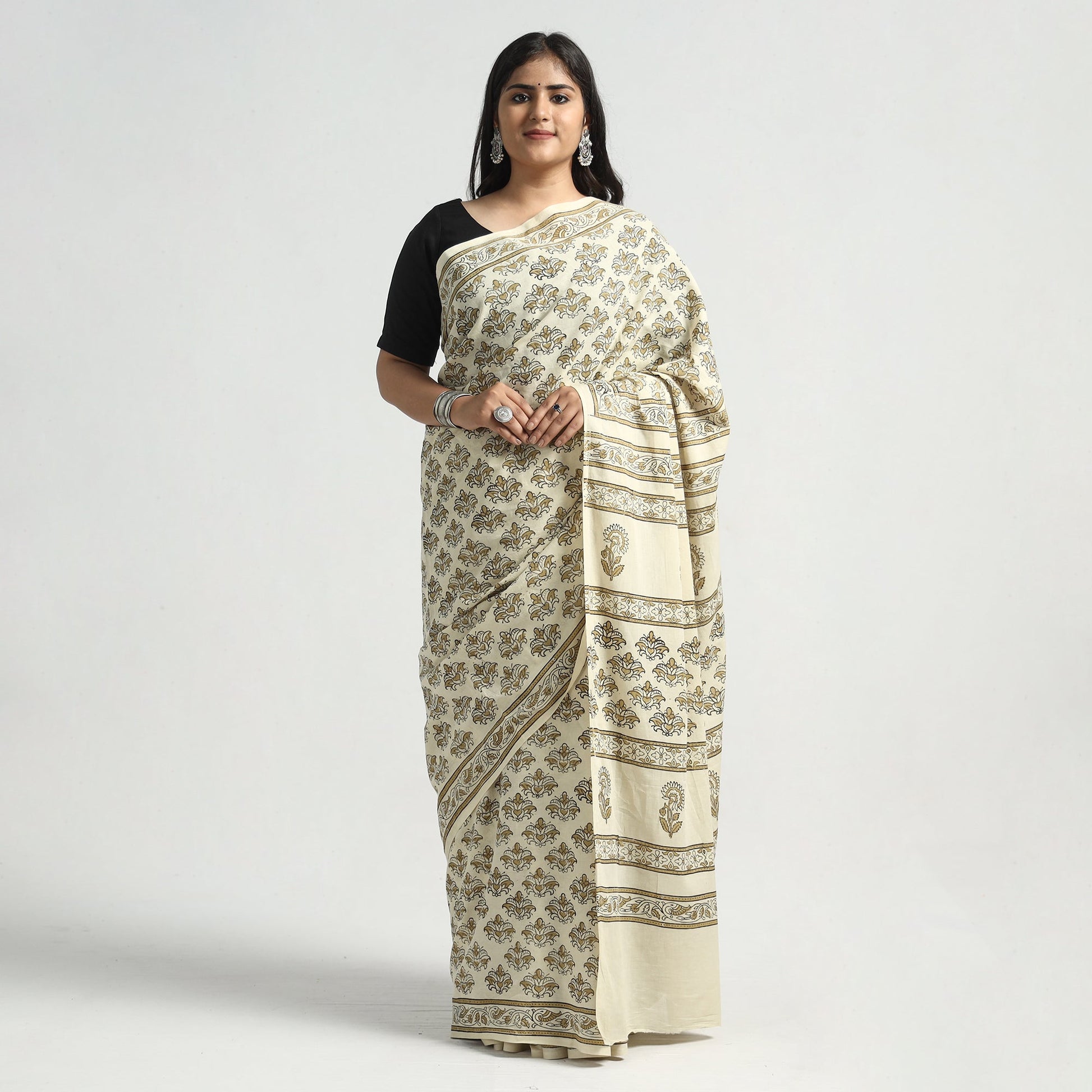 Beige - Akola Hand Block Printed Cotton Saree