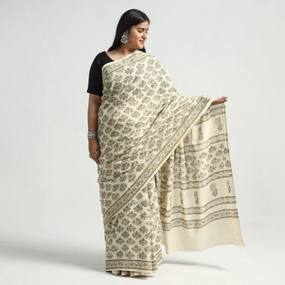 Beige - Akola Hand Block Printed Cotton Saree
