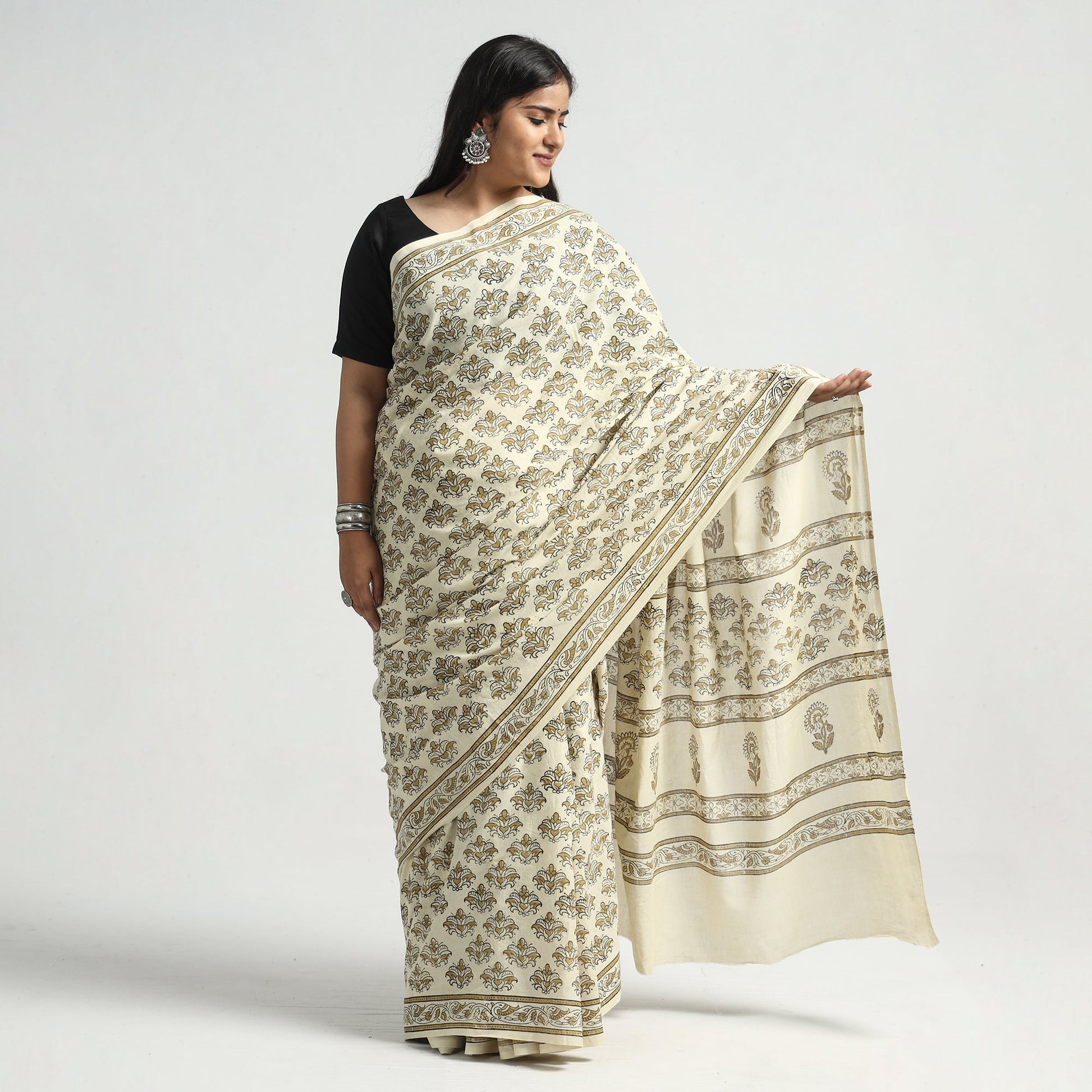 Beige - Akola Hand Block Printed Cotton Saree