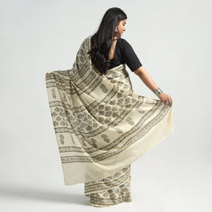 Beige - Akola Hand Block Printed Cotton Saree