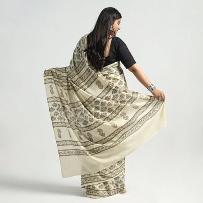Beige - Akola Hand Block Printed Cotton Saree