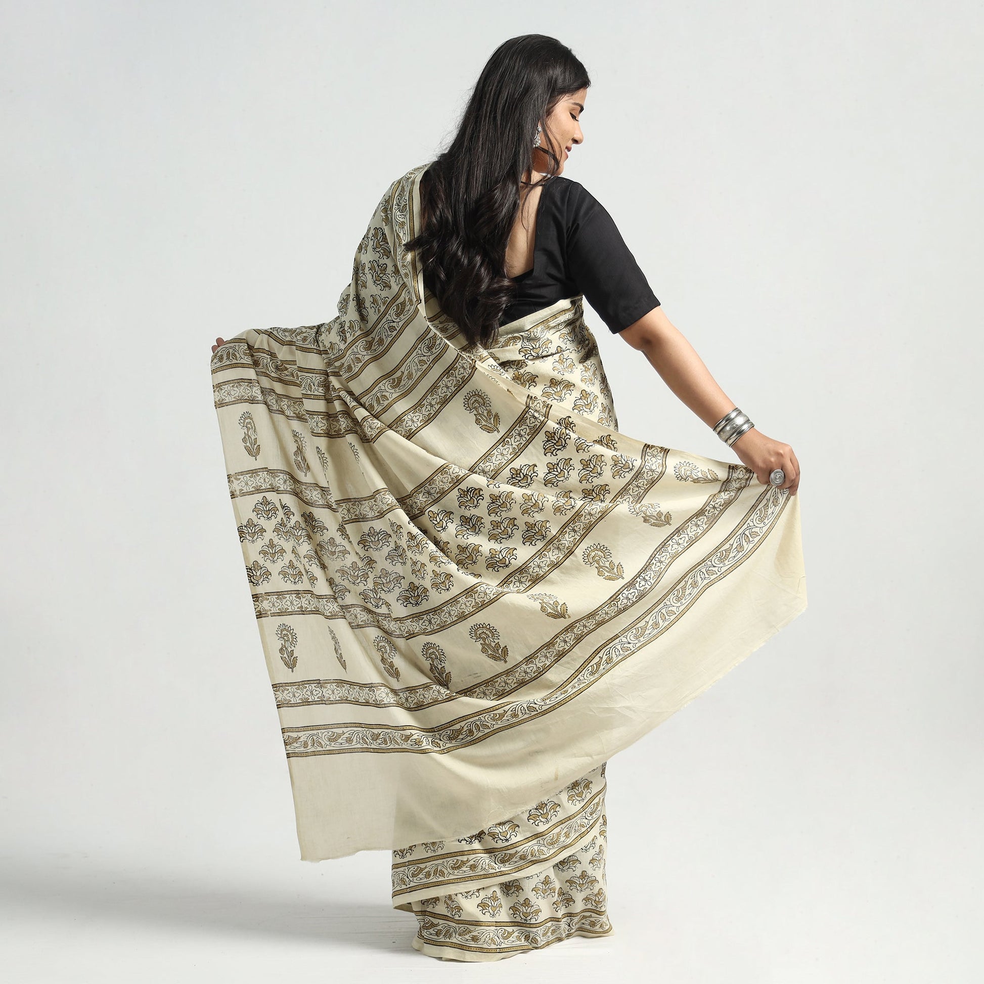 Beige - Akola Hand Block Printed Cotton Saree