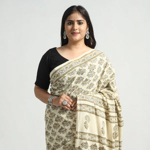 Beige - Akola Hand Block Printed Cotton Saree