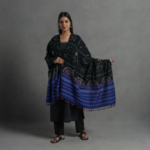 Black - Handwoven Merino Wool Bandhani Shawl w/ Neran Embroidery 27