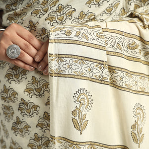 Beige - Akola Hand Block Printed Cotton Saree
