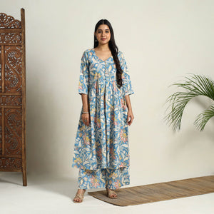Blue - Block Print Cotton Flared Sanganeri Kurta Set 11