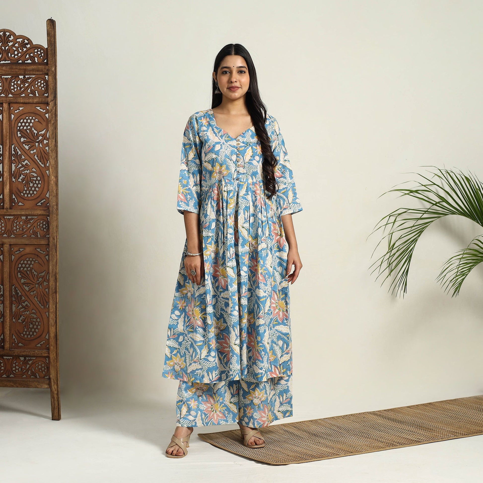 Blue - Block Print Cotton Flared Sanganeri Kurta Set 11