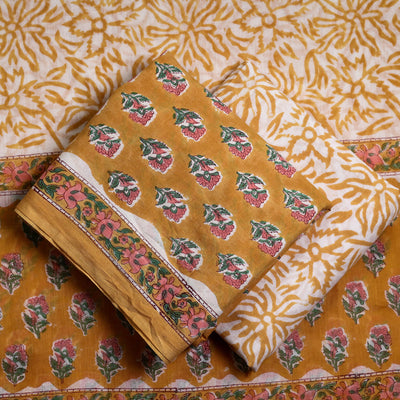 Brown - 3pc Sanganeri Block Printed Cotton Suit Material Set