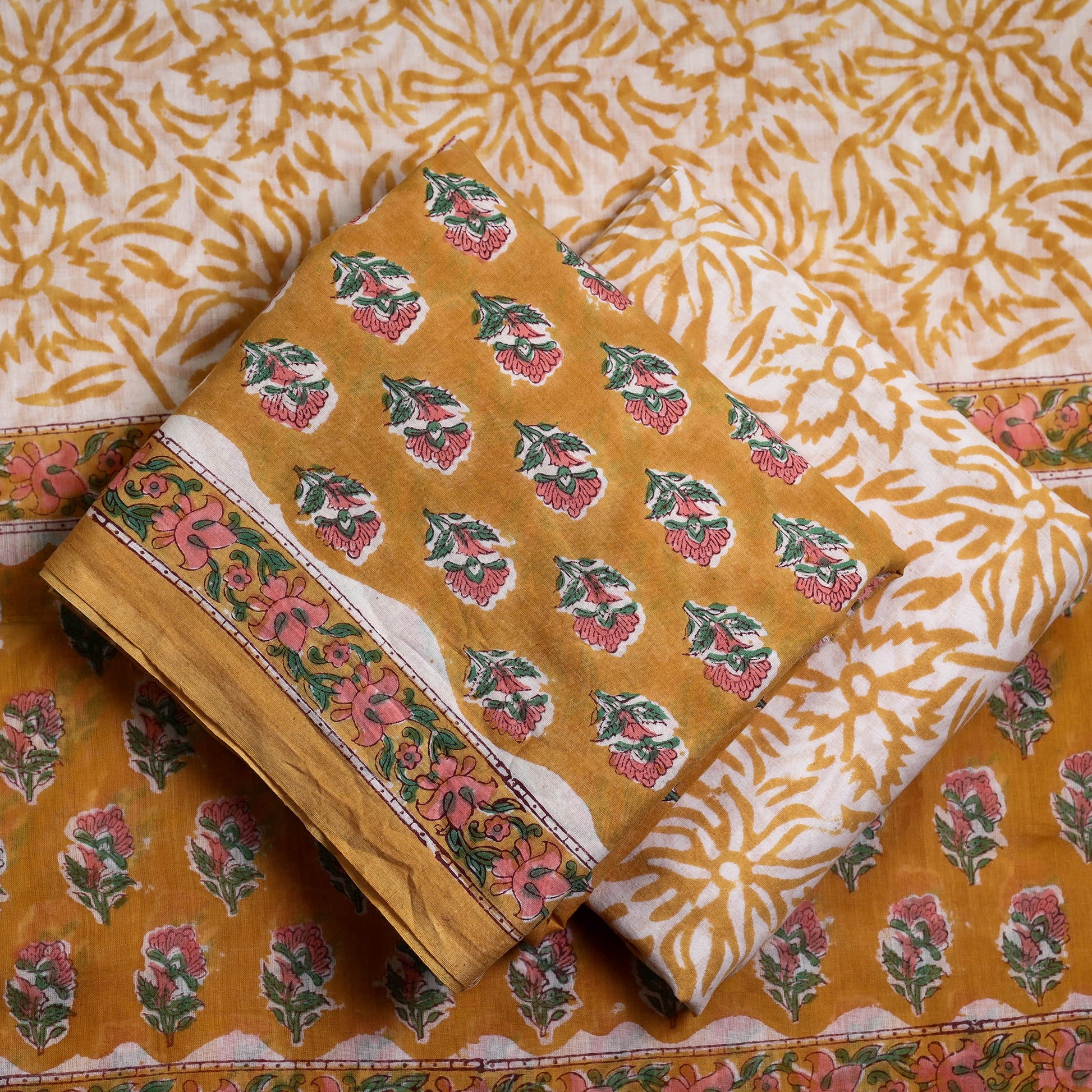 Brown - 3pc Sanganeri Block Printed Cotton Suit Material Set