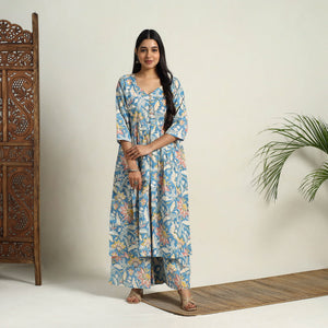 Blue - Block Print Cotton Flared Sanganeri Kurta Set 11