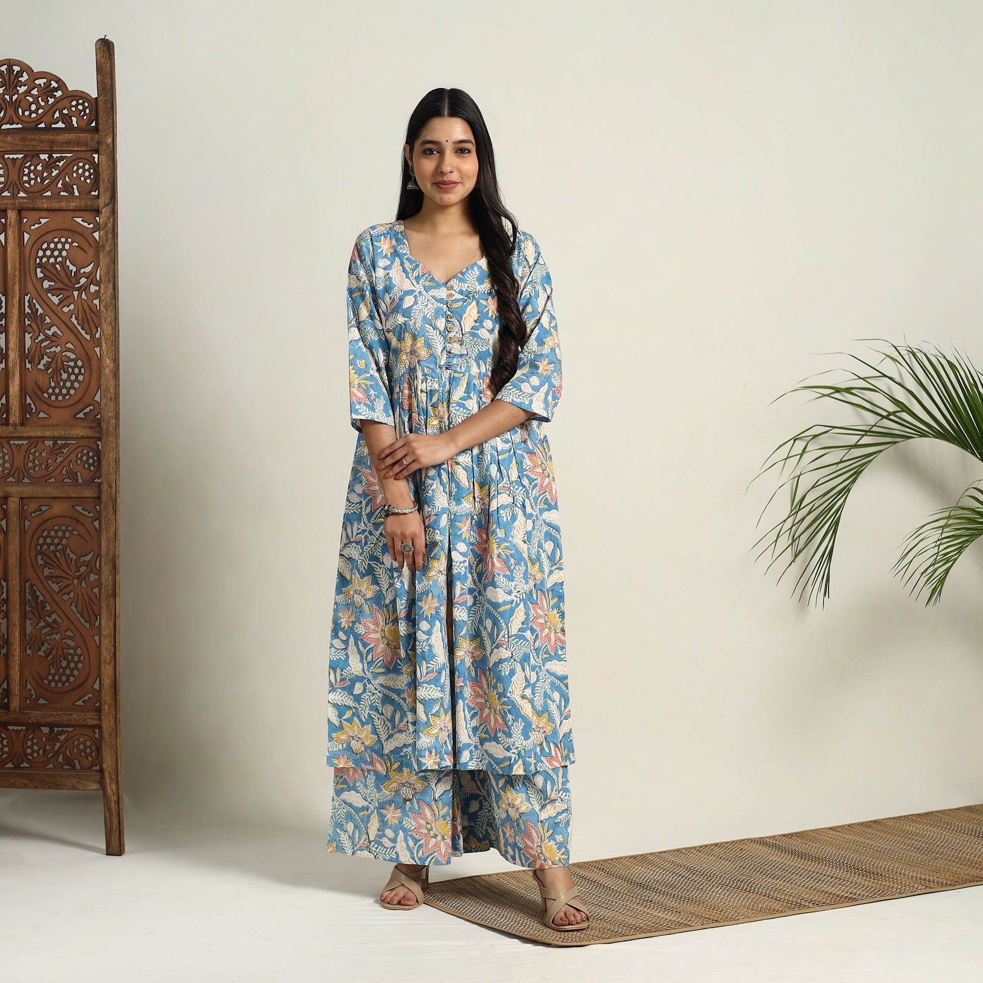 Blue - Block Print Cotton Flared Sanganeri Kurta Set 11