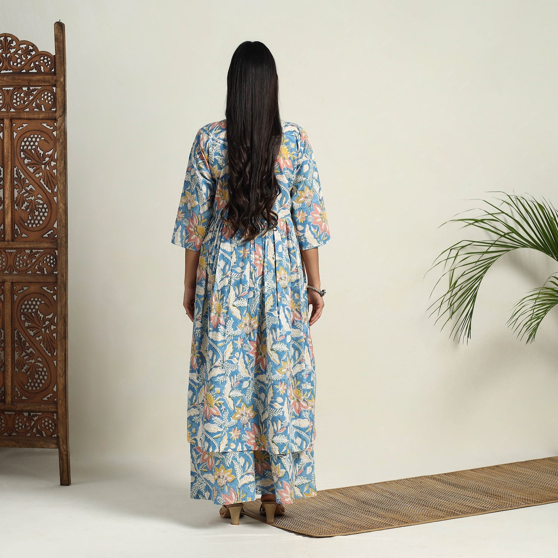Blue - Block Print Cotton Flared Sanganeri Kurta Set 11