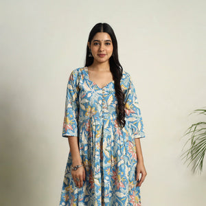 Blue - Block Print Cotton Flared Sanganeri Kurta Set 11