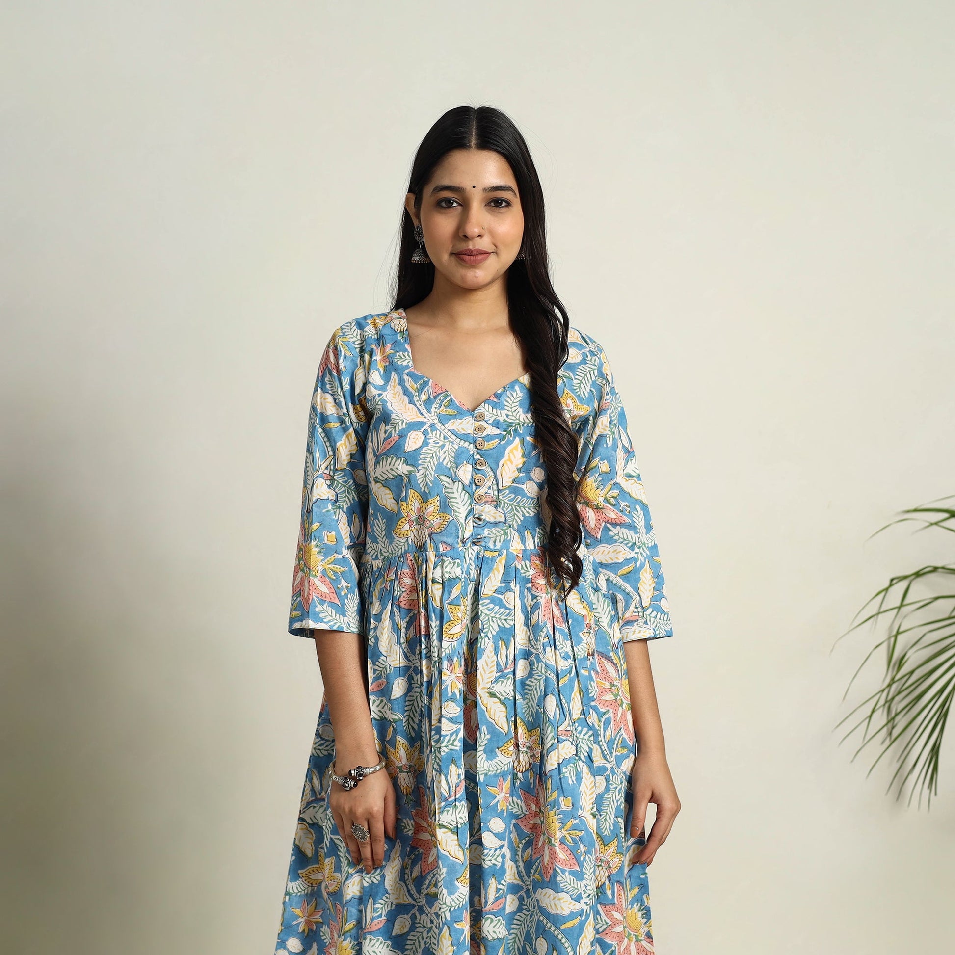Blue - Block Print Cotton Flared Sanganeri Kurta Set 11