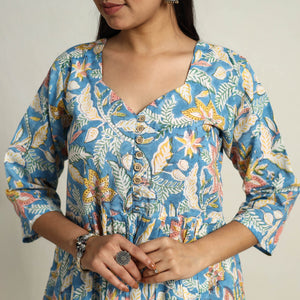 Blue - Block Print Cotton Flared Sanganeri Kurta Set 11