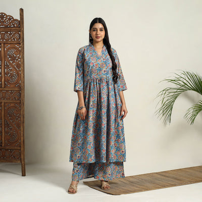 Blue - Block Print Cotton Flared Sanganeri Kurta Set 02