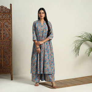 Blue - Block Print Cotton Flared Sanganeri Kurta Set 02